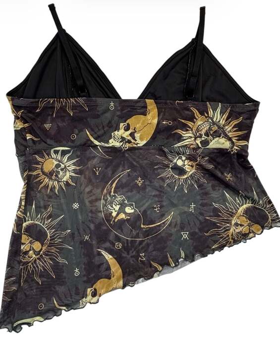 Cosmic Aura Tops - Cosmic Aura Skull Sun Moon Mesh Asymmetrical Cami Top XXL